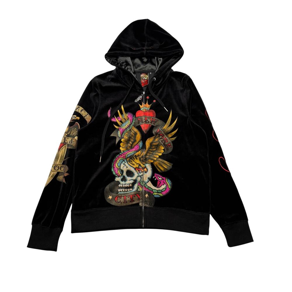 Ed Hardy New York City Velour Full Zip Hoodie Women's Large Y2K Skull Tattoo